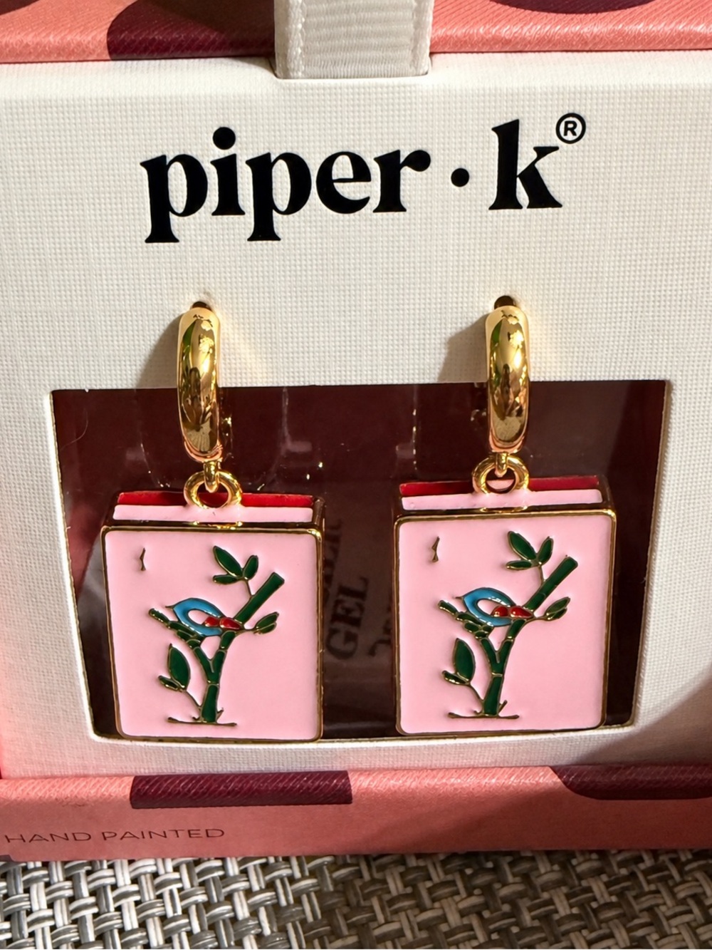 Piper K Mahjong Pink💗Tile Bird 🐦Earrings Gold Accents.New In Box